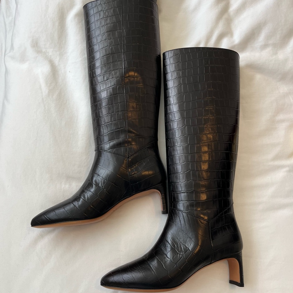 Emerson Fry Lou Walking Boots Black Croc-Embossed Knee-High Boots